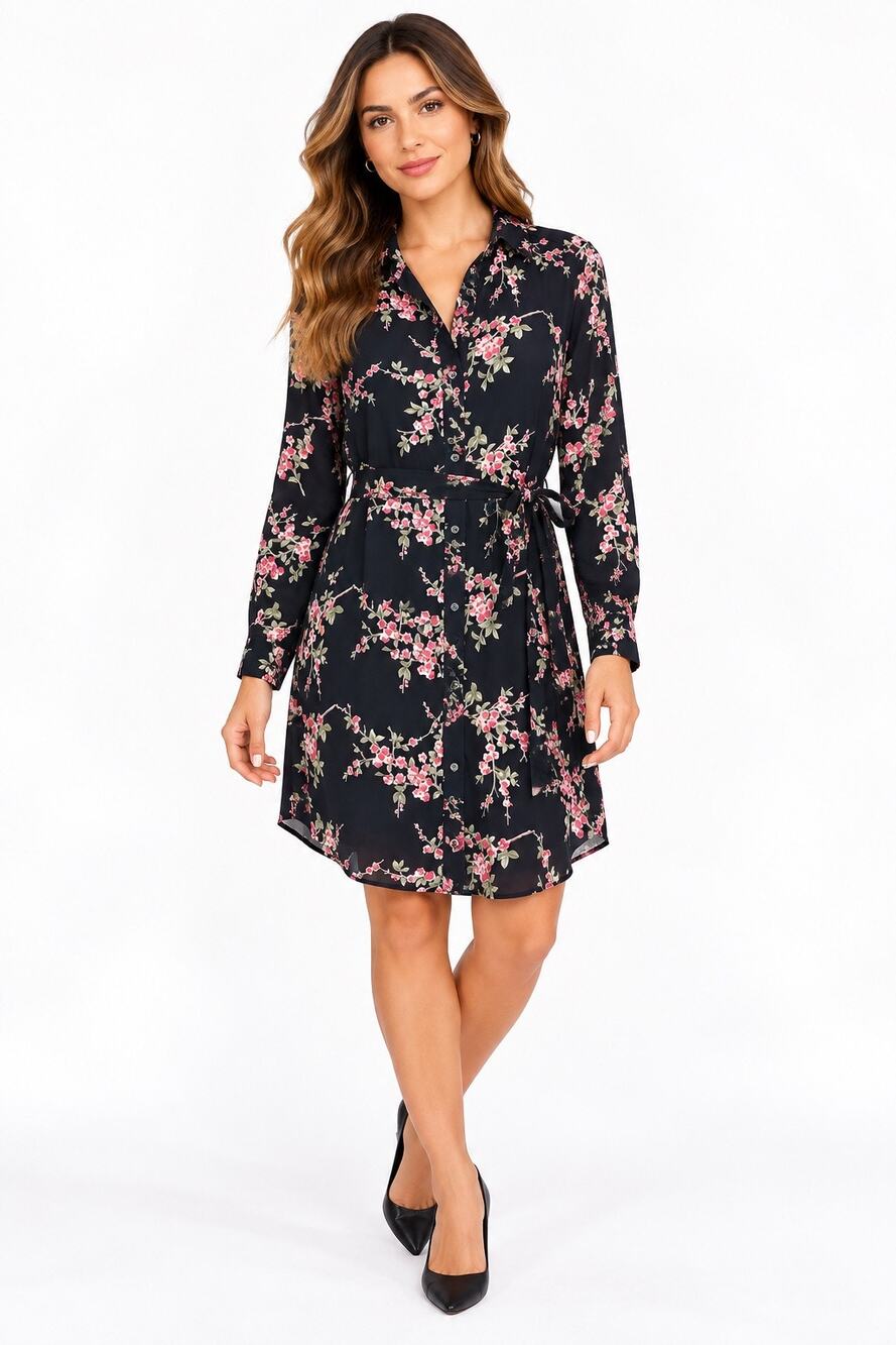 Allison Joy Black Floral Long Sleeve Button Front Belted Shirt Dress Size Medium
